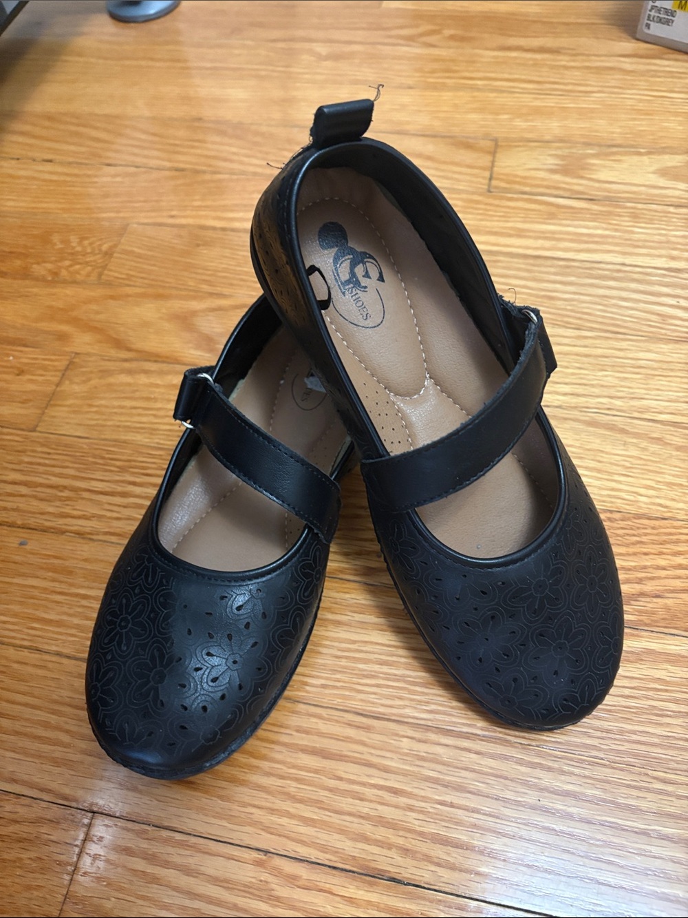 Black Floral-Perforated Mary Jane Flats - Women - Velcro Strap